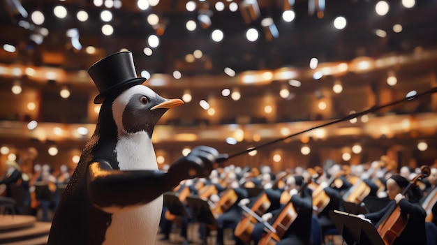 Un pingüino con un sombrero está dirigiendo una orquesta el pingüino está de pie en un podio y la orquesta está sentada frente a él