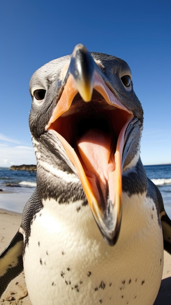 El pingüino toca la cámara tomando una selfie Funny selfie retrato de un animal