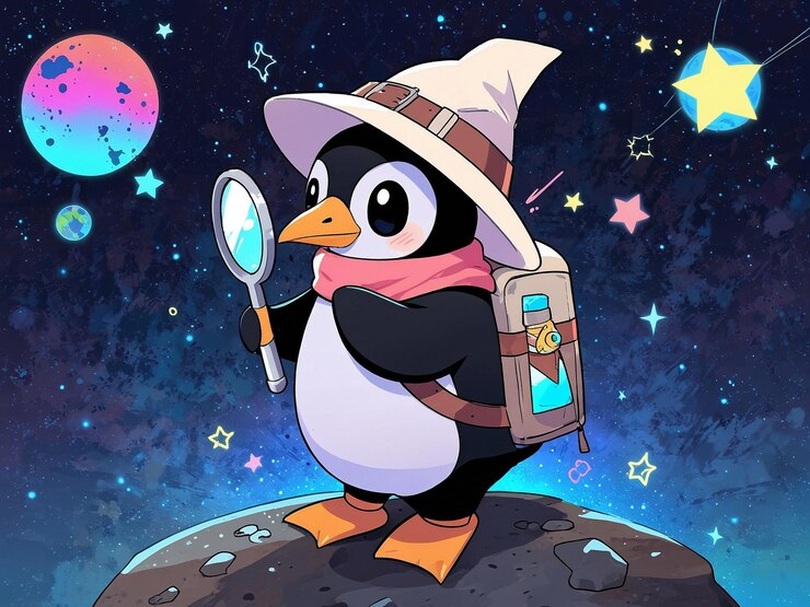 pingüino con un traje de explorador sosteniendo una lupa en el espacio