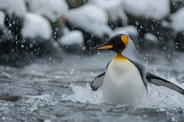 El pingüino vadeando el agua en la Antártida