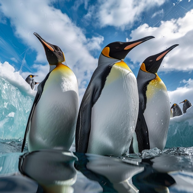 Pingüinos en el agua Fondo de concienciación del Día Mundial del Pingüino