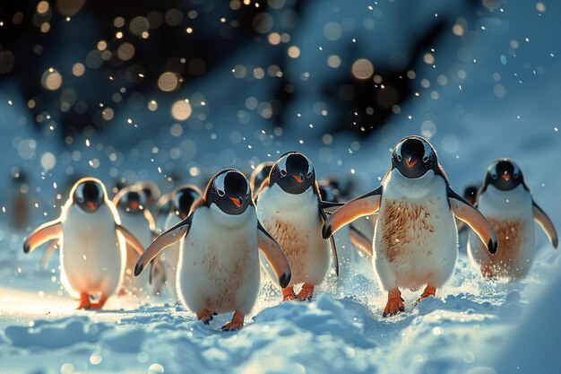 pingüinos caminando en la nieve con los ojos cerrados generativo ai