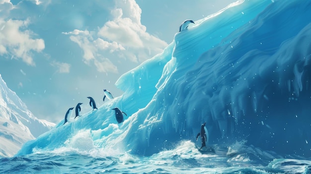 Los pingüinos en la cima de un iceberg