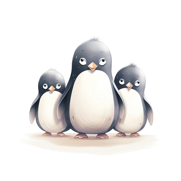 Pingüinos de dibujos animados en un fondo blanco IA generativa