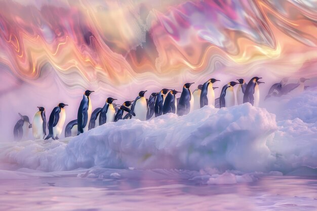 Foto los pingüinos emperador se acurrucan en busca de calor en el crepúsculo antártico