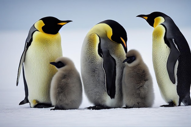 Pingüinos emperadores adultos calientan a sus pequeños cachorros esponjosos