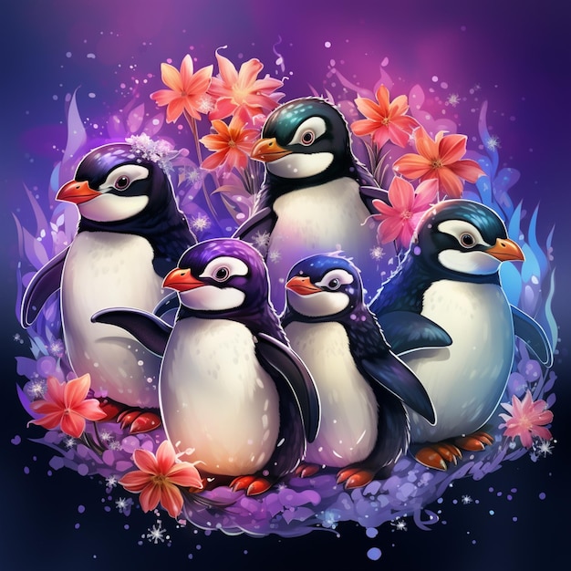 Los pingüinos están sentados en un círculo con flores y estrellas ai generativo.