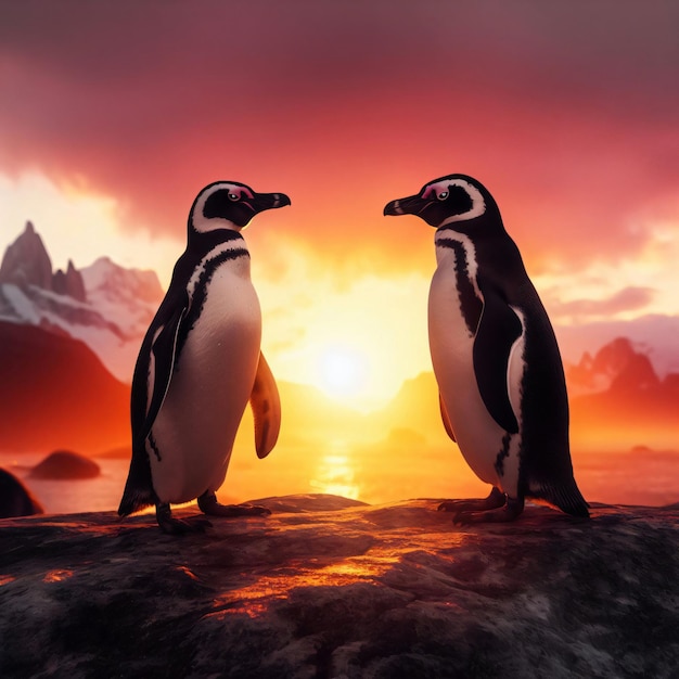 Pingüinos en la hora dorada del atardecer Vida silvestre generada por IA