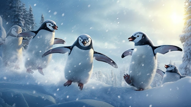 Los pingüinos juguetones luchan con bolas de nieve Extravagancia