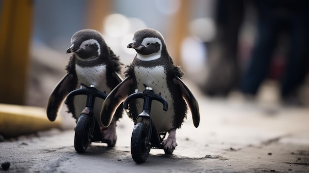 Los pingüinos montan bicicletas eléctricas