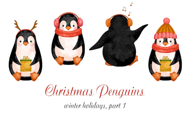 Pingüinos de Navidad en imágenes prediseñadas de sombrero, decoración de animales del polo norte, decoración linda de año nuevo, acuarela