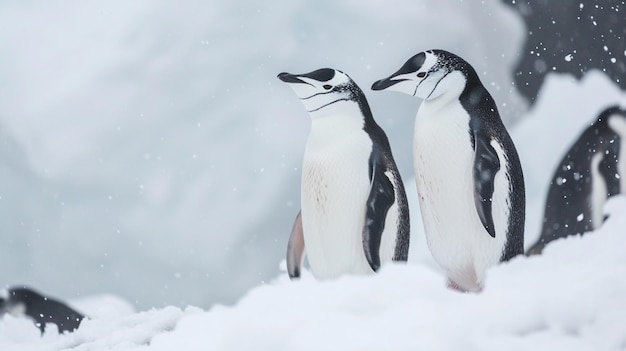 Pingüinos en la nieve Una pareja de pingüinos gentoo tiene un momento tierno en un pequeño monte Generativo Ai