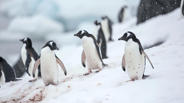 Pingüinos en la nieve Una pareja de pingüinos gentoo tiene un momento tierno en un pequeño monte Generativo Ai