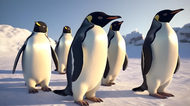 Pingüinos en la nieve con el sol detrás de ellos