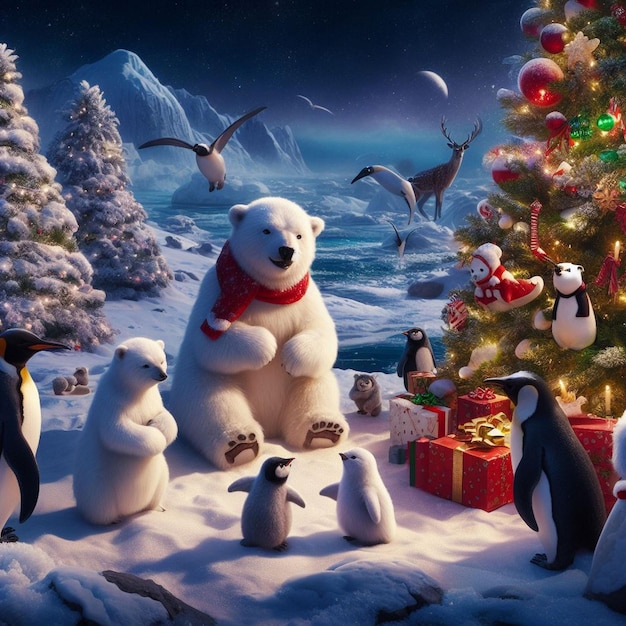 pingüinos y osos polares celebrando la Navidad en el Ártico imágenes de fondos navideños