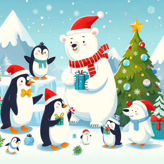 pingüinos y osos polares celebrando la Navidad en el Ártico imágenes de fondos navideños