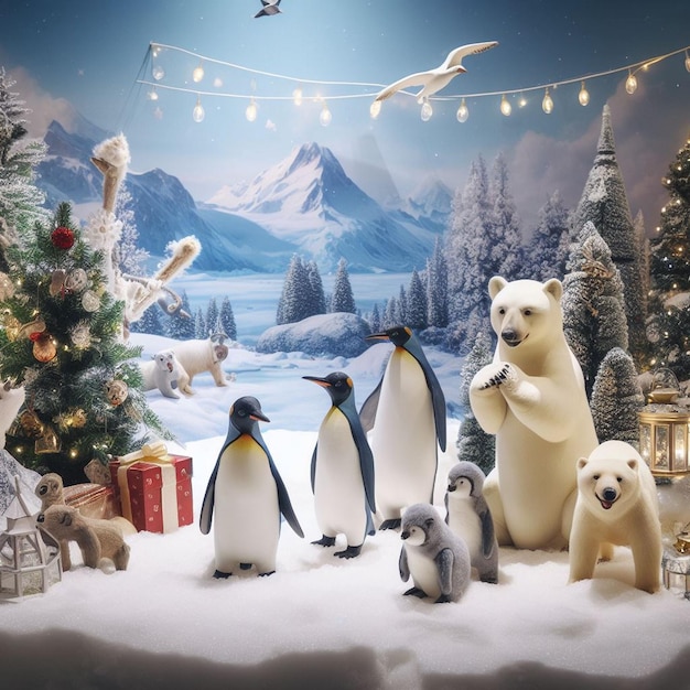 pingüinos y osos polares celebrando la Navidad en el Ártico imágenes de fondos navideños
