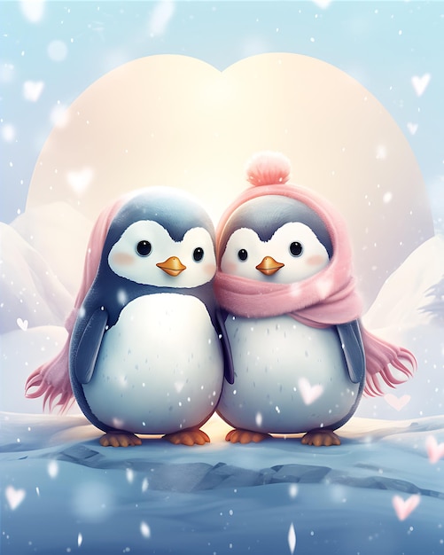 Pingüinos con trajes de invierno sentados juntos