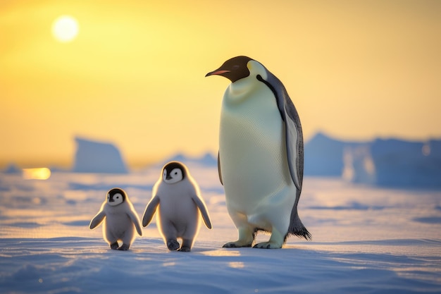 Pinguins antárticos com filhotes na neve ao pôr-do-sol Pinguim Imperador caminhando na neve AI Gerado