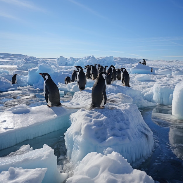 pinguins bamboleando no gelo