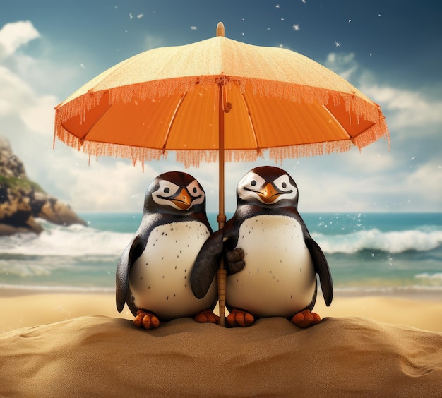 Pinguins Chill Out relaxando sob um guarda-chuva de praia IA generativa