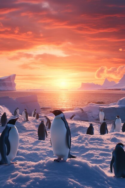 Pinguins contra o fundo do pôr-do-sol