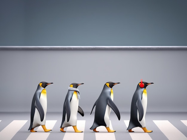 Pinguins de desenho animado a caminhar na rua.
