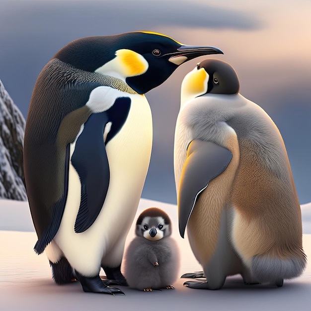 Pinguins imperadores com filhote Arte digital