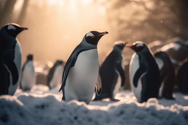 Pinguins na neve com o sol atrás deles