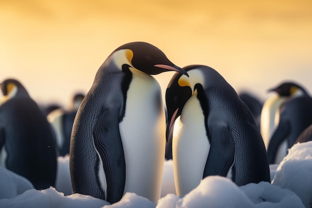 Pinguins na neve com o sol se pondo atrás deles