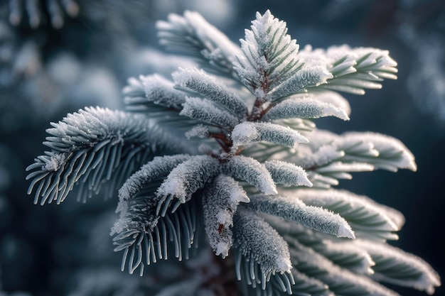 Pinheiro coberto de neve em closeup Generative AI