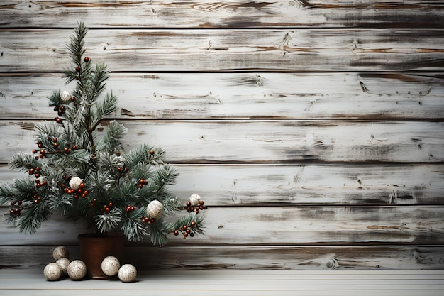 Pinheiro de Natal e decoração de folha de pinheiro no piso de madeira vintage Generative AI Illustration