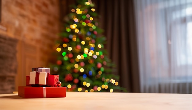 Pinheiro de natal tradicional com decorações de férias em fundo e pilha de presentes