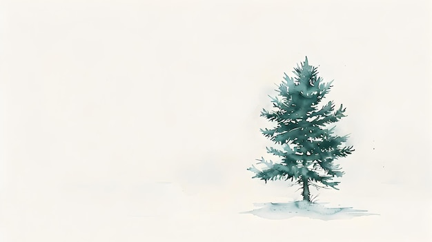 Foto pinheiro solitário em esboço de aquarela minimalista em meio a um fundo nevado