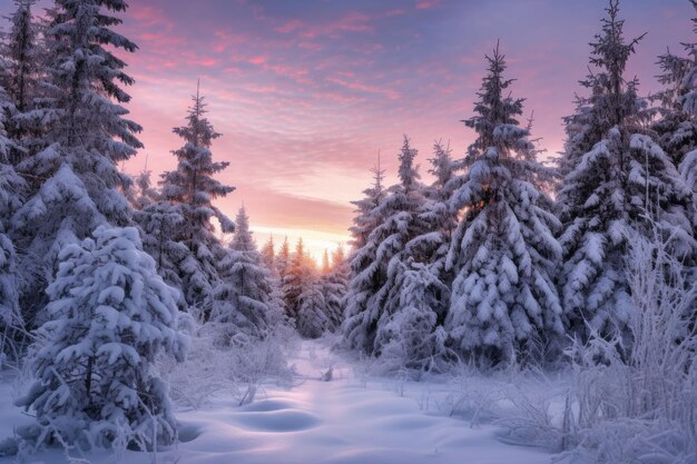 Pinheiros cobertos de neve ao entardecer criados com ai generativa