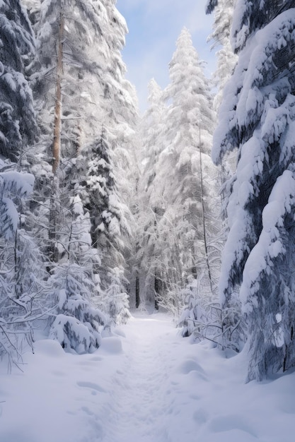 Pinheiros cobertos de neve em um país das maravilhas do inverno criado com IA generativa