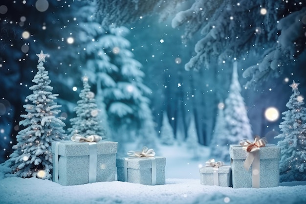 Pinheiros cobertos de neve flanqueando um caminho com caixas de presentes numa noite de inverno estrelada