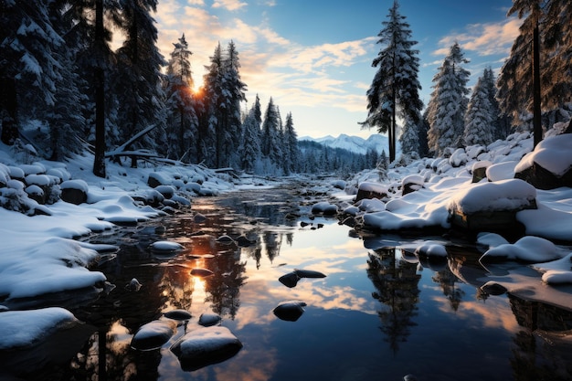 Pinheiros cobertos de neve refletidos em um lago tranquilo