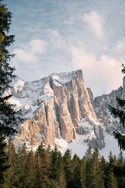 Pinheiros e um vale coberto de neve em frente aos majestosos picos das Dolomitas nos Alpes italianos Paisagem de beleza natural e maravilha de inverno Um lugar perfeito para viagens de destino Vista das Dolomitas