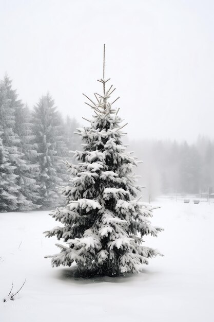 Pinheiros ou árvores de Natal decoradas cobertas de neve em um belo tema de Natal de inverno ao ar livre