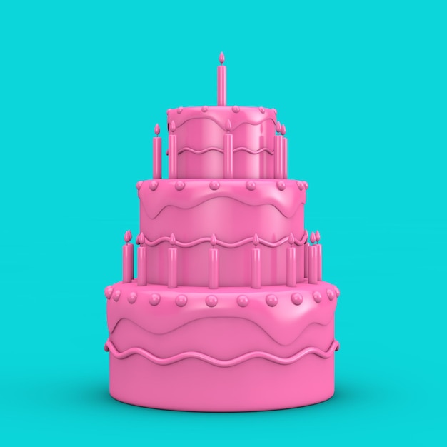 Pink Birthday Cartoon Dessert Tiered Cake mit Kerzen im Duotone-Stil auf blauem Hintergrund 3D-Rendering