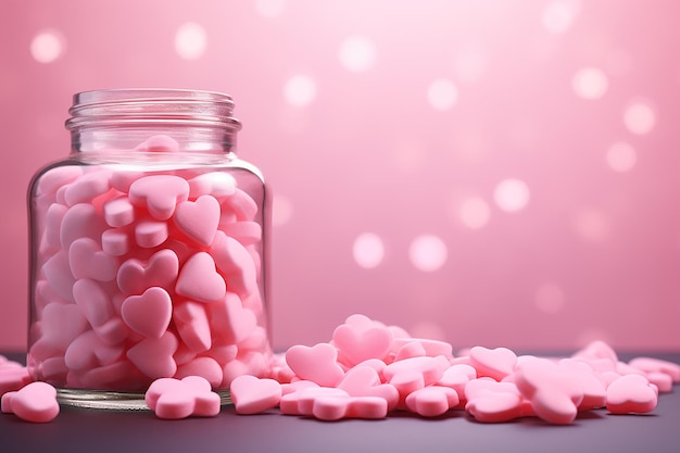 Foto pink candy hearts spilling aus glaskrug auf pink