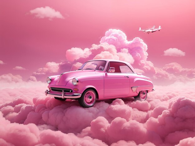 Pink Cloud Adventure 3D-Rendering einer rosa Autofahrt über rosa Wolken