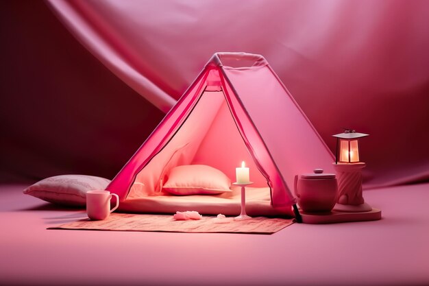 Pink Color Camp mit Lichtern, rosa Farbe, rosa Hintergrund, rosa Welt, Ai generiert