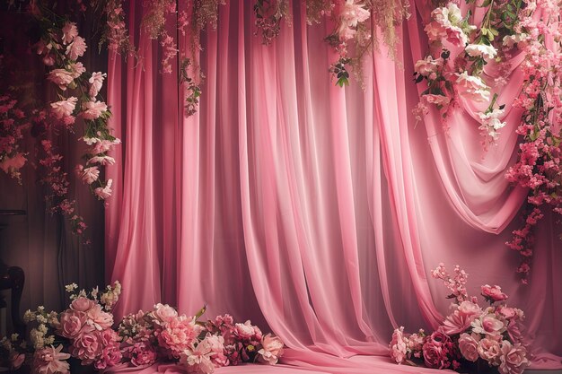 Pink Curtain Studio-Hintergrund mit zarten Blumenelementen