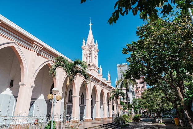 Pink Da Nang Cathedral Church Punto de referencia y popular para atracción turística Vietnam y el concepto de viaje del Sudeste Asiático