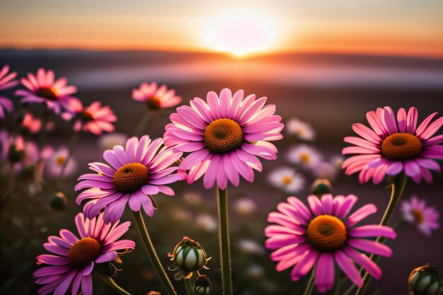 Foto pink daisy flowers schöne feldansicht mit verschwommenem hintergrund mit generative ai