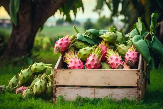 Foto pink-drachenfrüchte in holzkisten auf einem bauernhof oder auf einer plantage