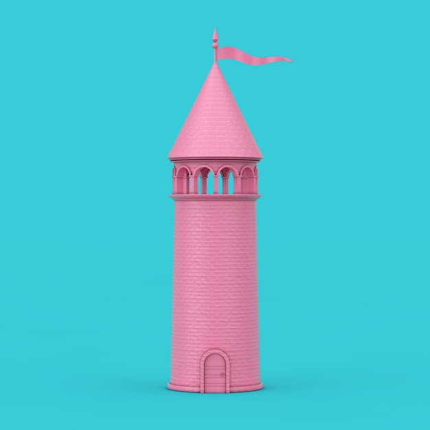 Pink Fantastic Castle Tower Duotone auf blauem Grund. 3D-Rendering