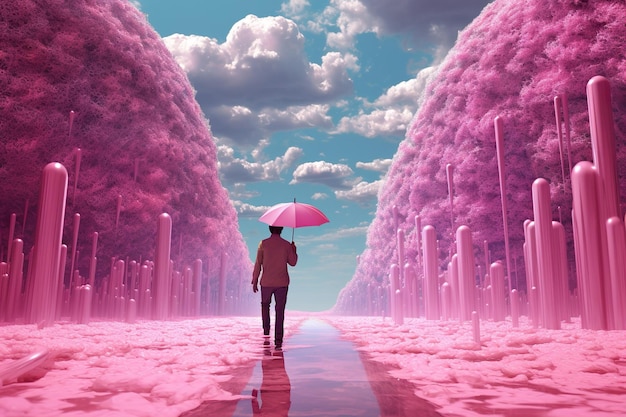 Pink Fantasy World Fantasia Floresta com lagos e árvores Pink Dreamy World AI gerada